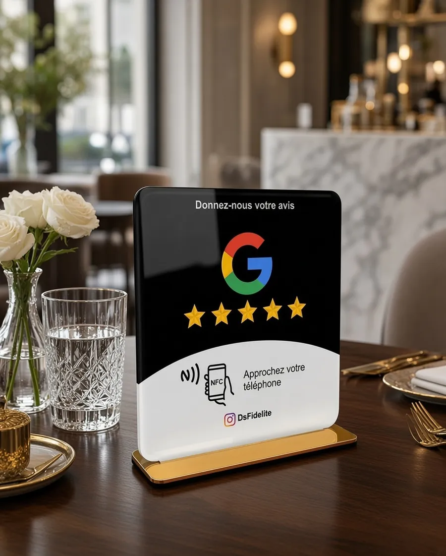 Présentoir DS Fidélité noir et or posé sur une table de restaurant