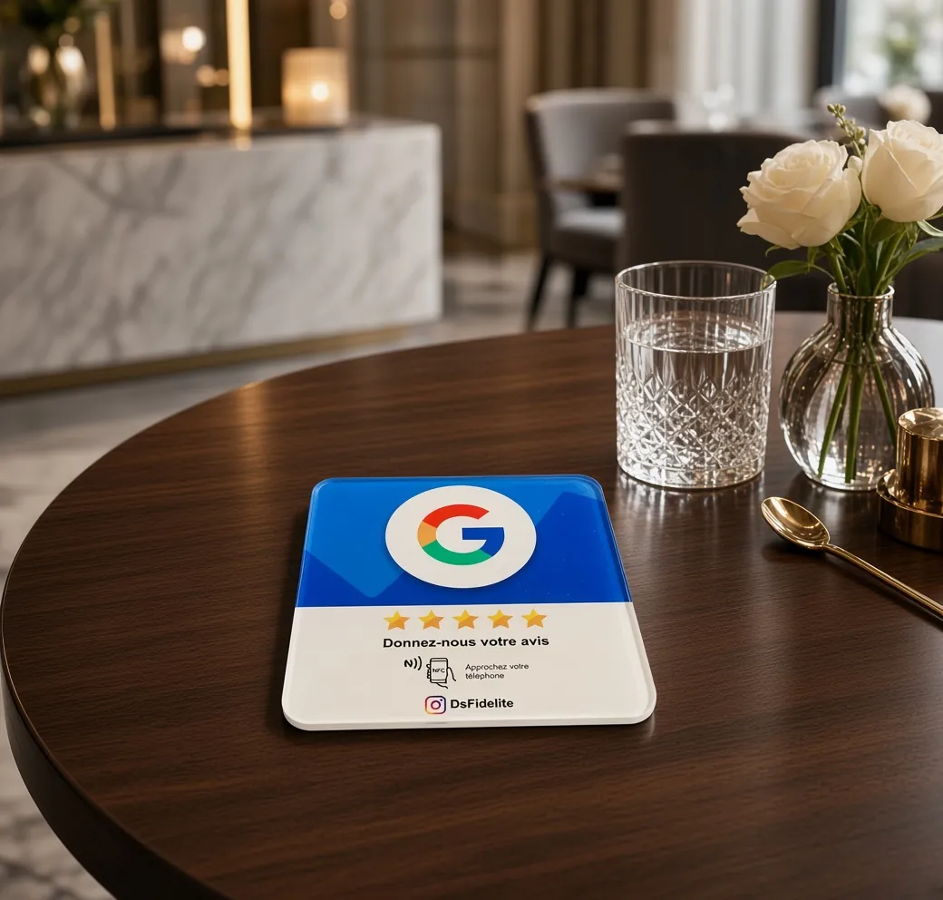 Plaque bleue DS Fidélité sur une table